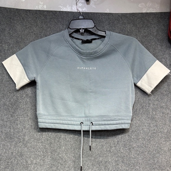 Alphalete Slate Blue Gray And White Crop Top Short Sleeve Sweatshirt S